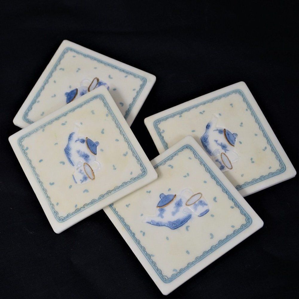 Vintage Tea Time Ceramic Coasters Ivory And Blue With Cork Back Set Of 4